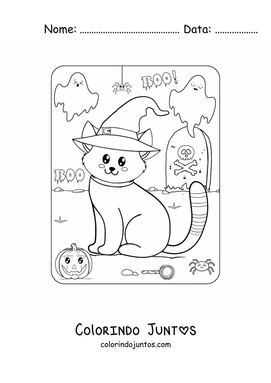 Desenho para colorir de gatinho kawaii no Halloween com chapéu de bruxa