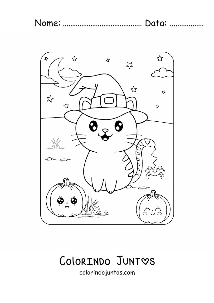 Desenho para colorir de gatinho kawaii no Halloween com chapéu de bruxa e abóboras
