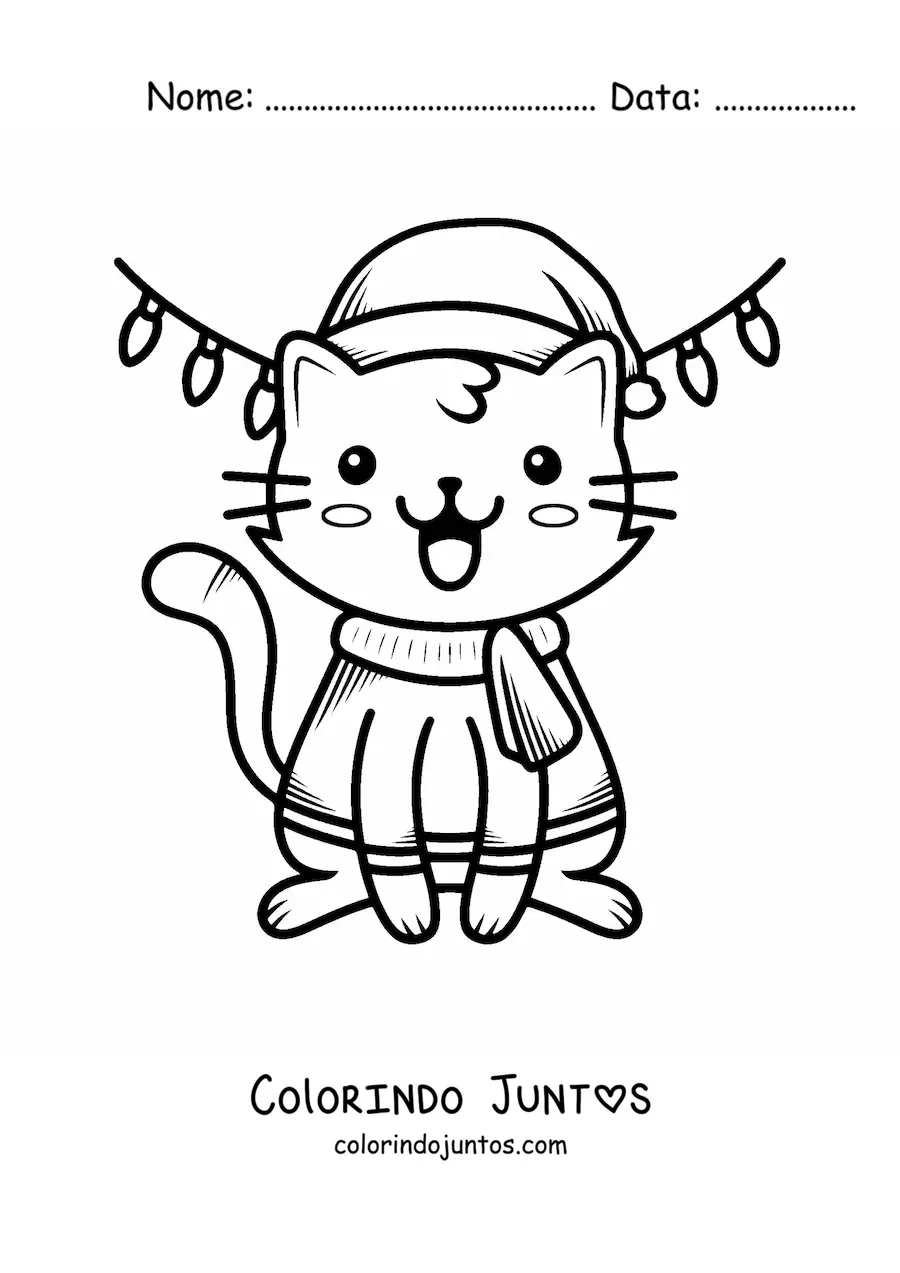 Desenho para colorir de gatinho kawaii no Natal com roupa quentinha