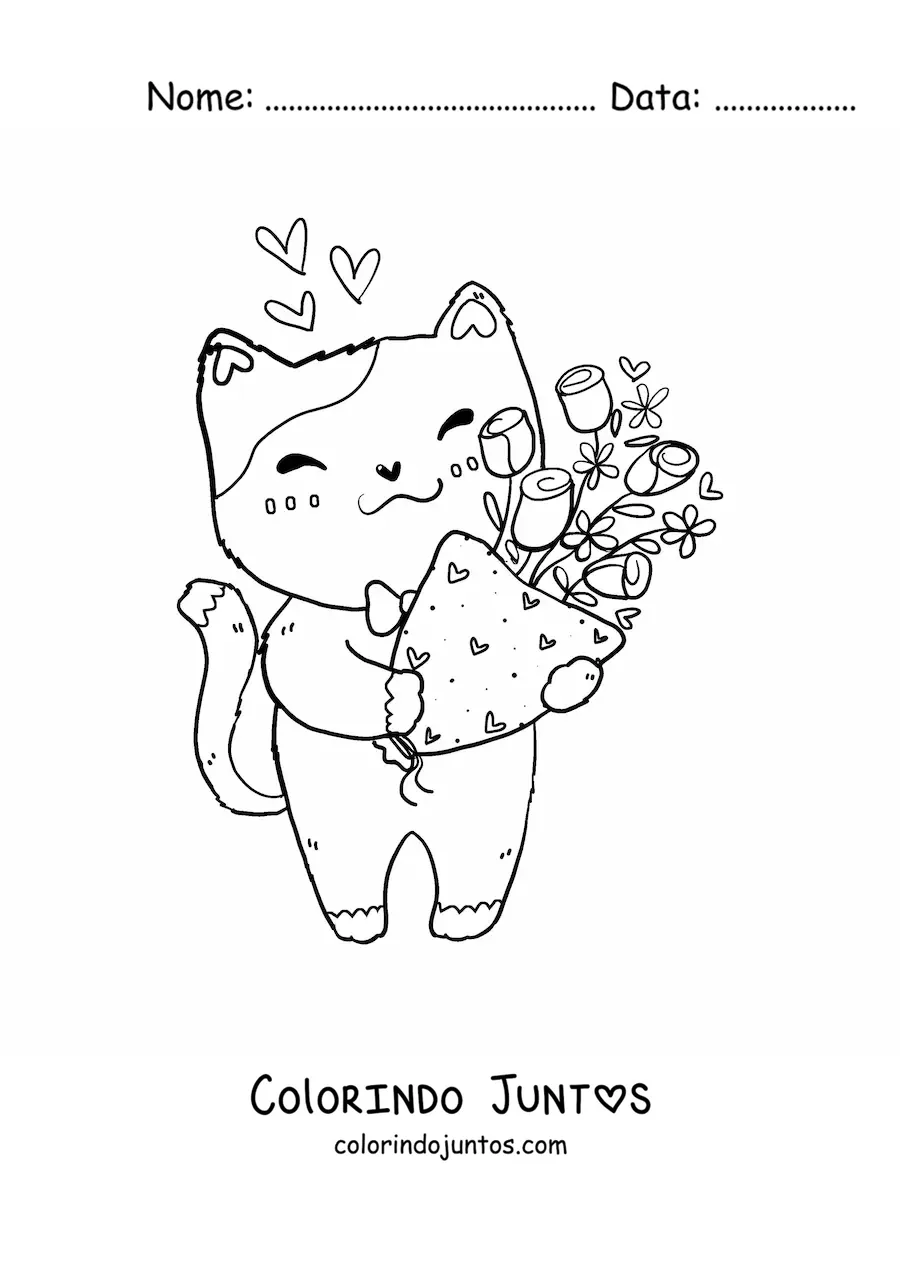 Desenho para colorir de gatinho kawaii no Dia dos Namorados com um buquê de flores
