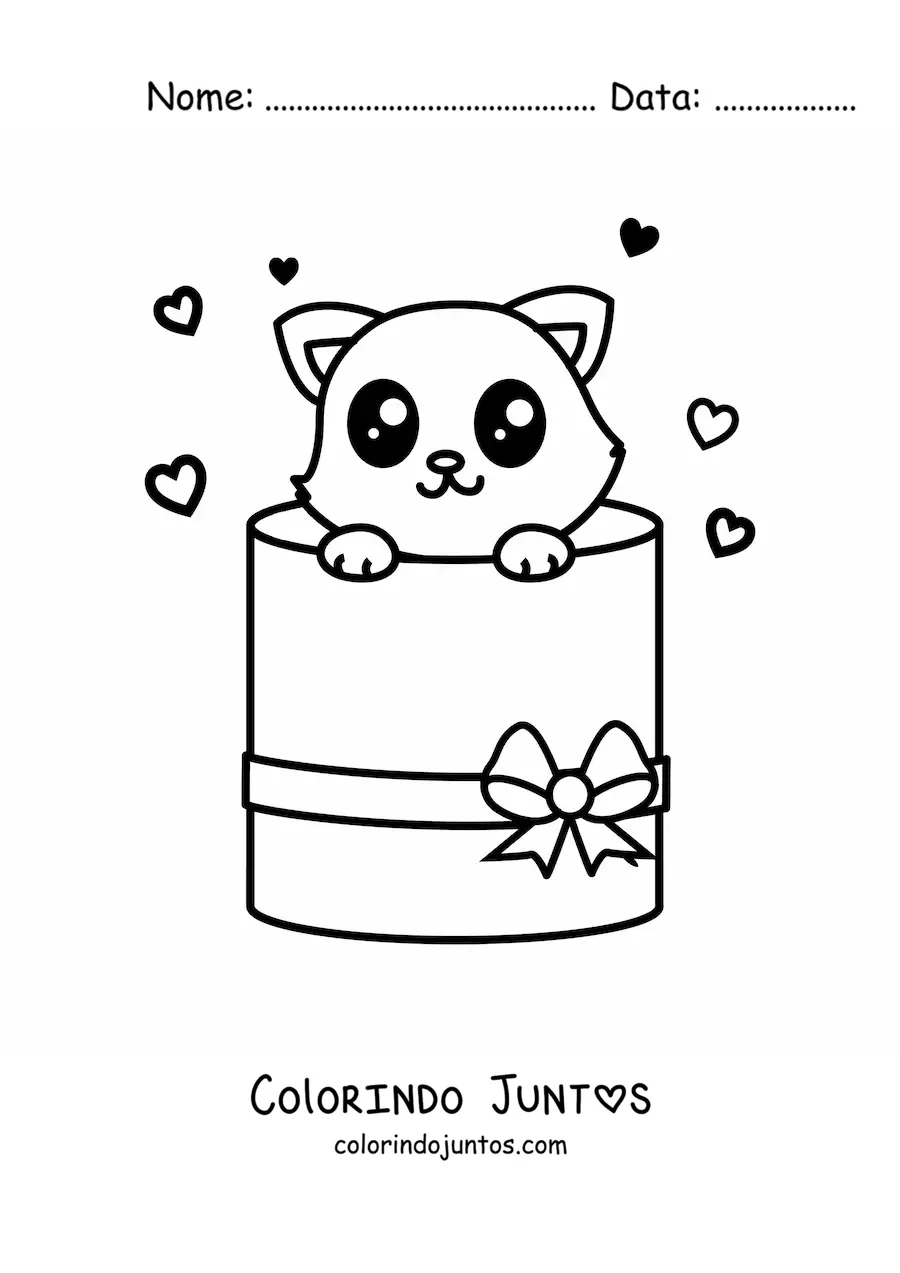 Desenho para colorir de gatinho kawaii saindo de uma caixa de presente