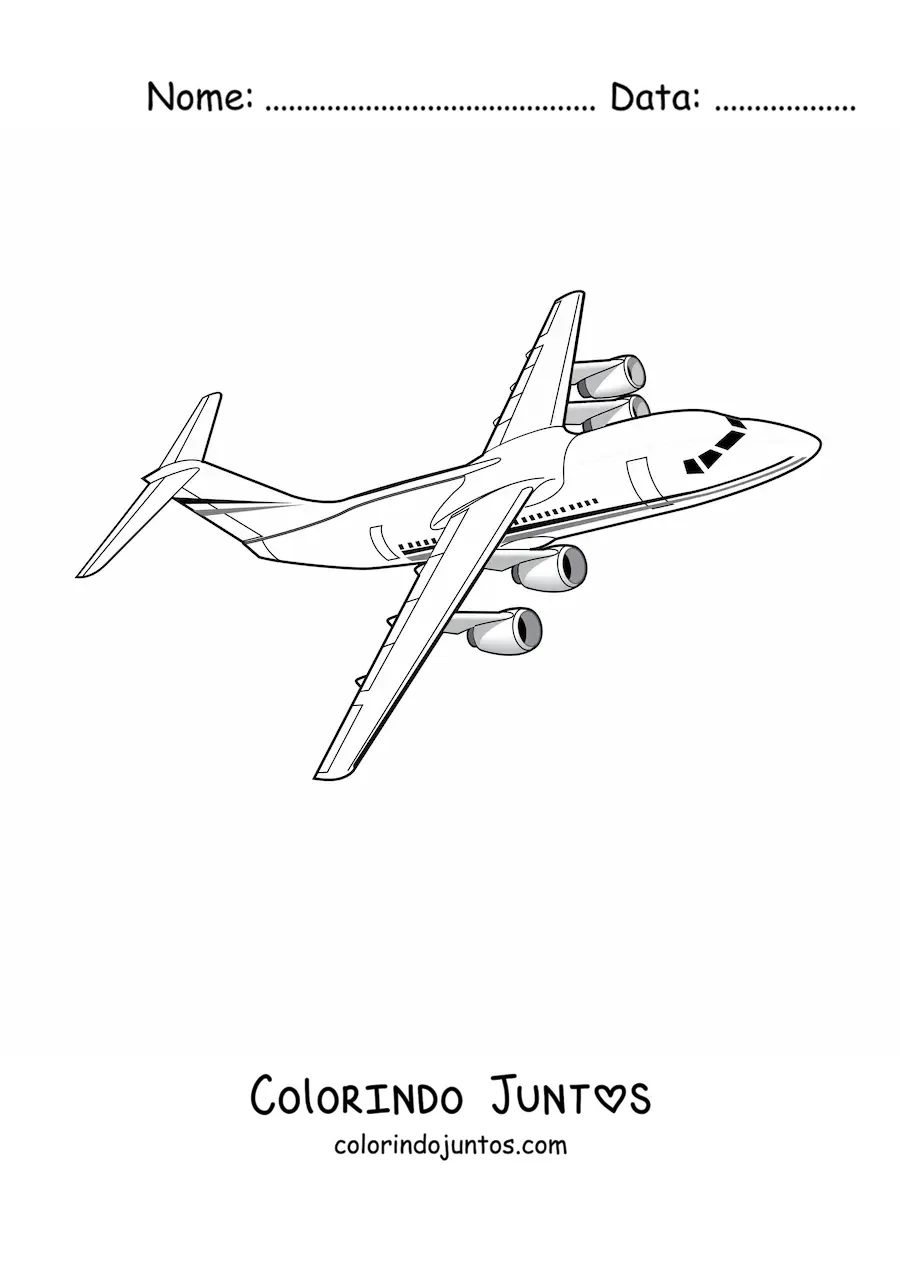 Desenho para colorir de um avião comercial voando de lado