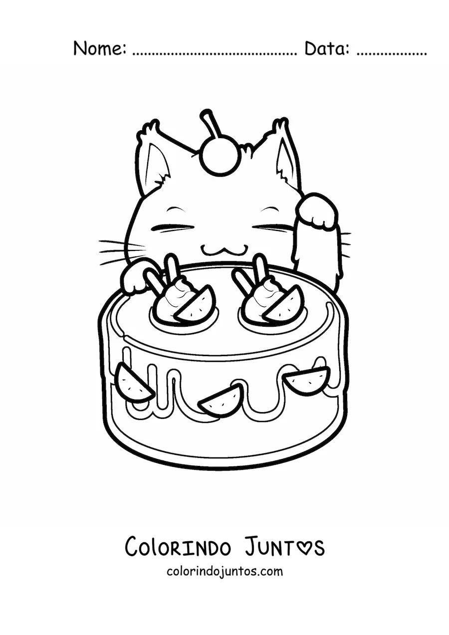 Desenho para colorir de gatinho kawaii animado com um bolo de frutas