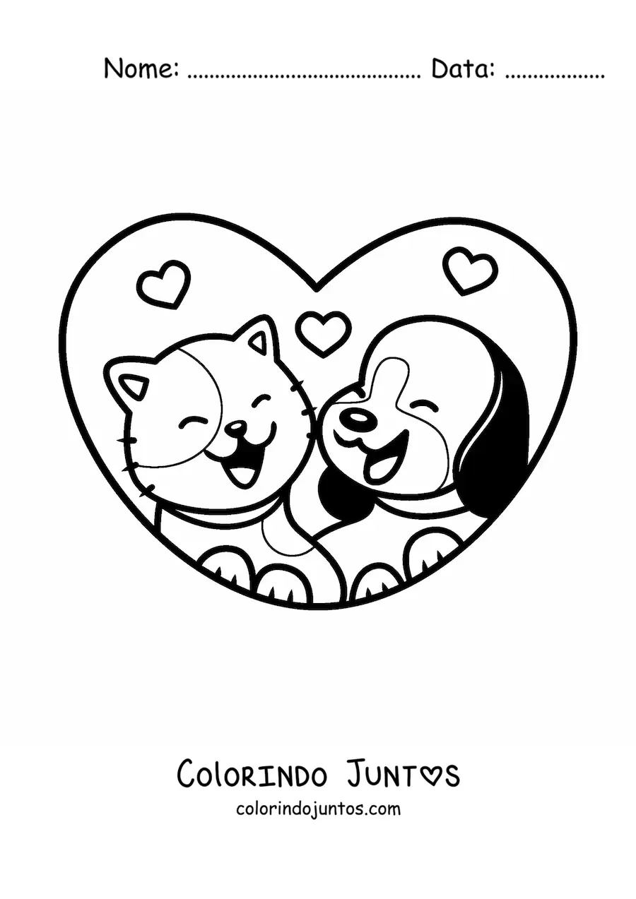 Desenho para colorir de casal kawaii de um cachorro e um gato com corações