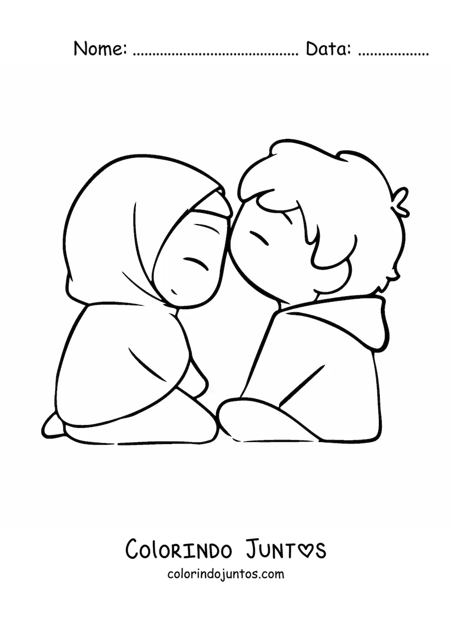 Desenho para colorir de casal kawaii com uma menina de hijab