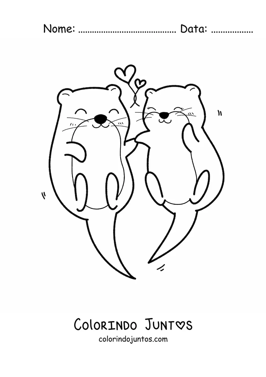 Desenho para colorir de casal de lontras kawaii com corações