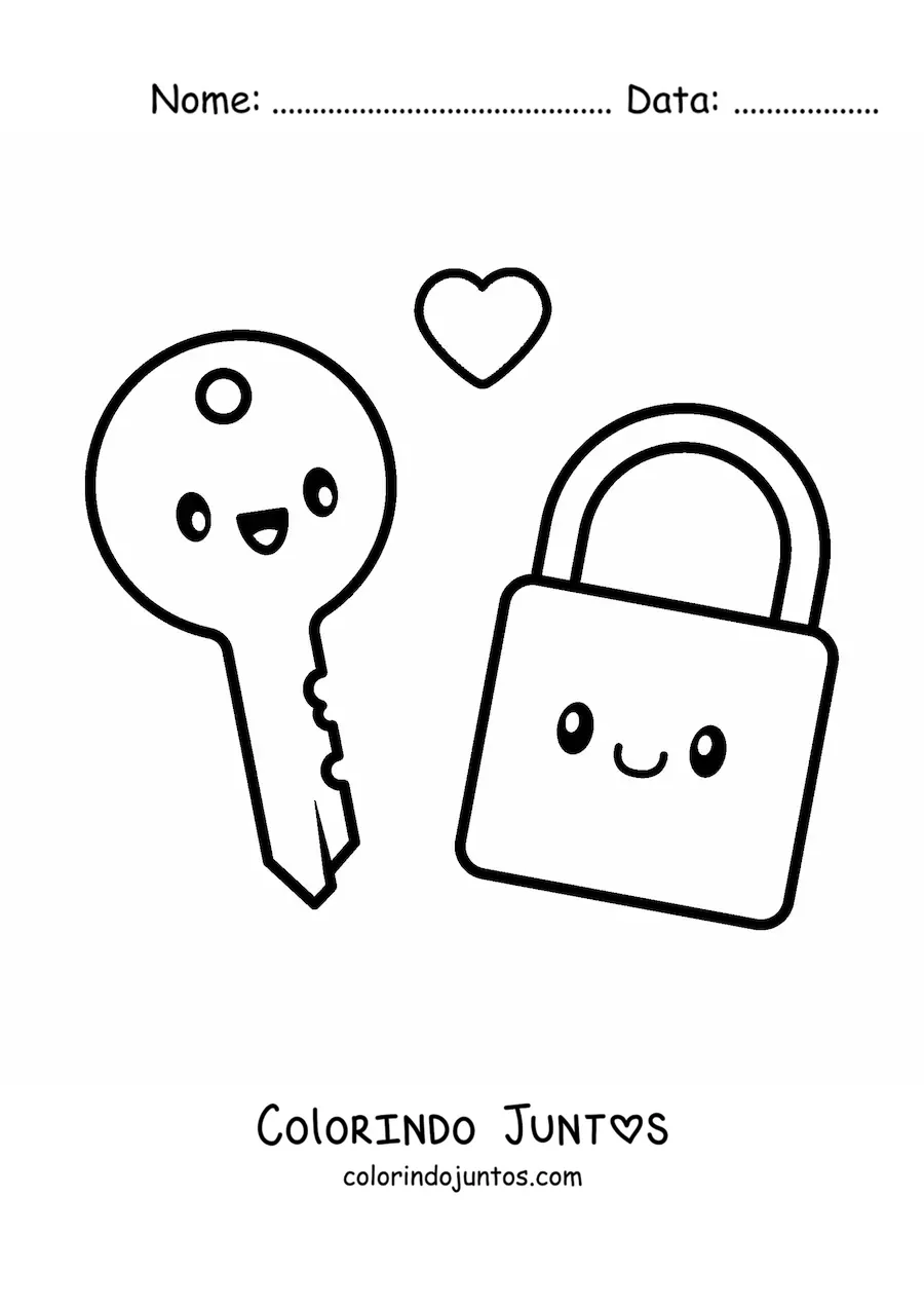 Desenho para colorir de casal de chave e cadeado kawaii