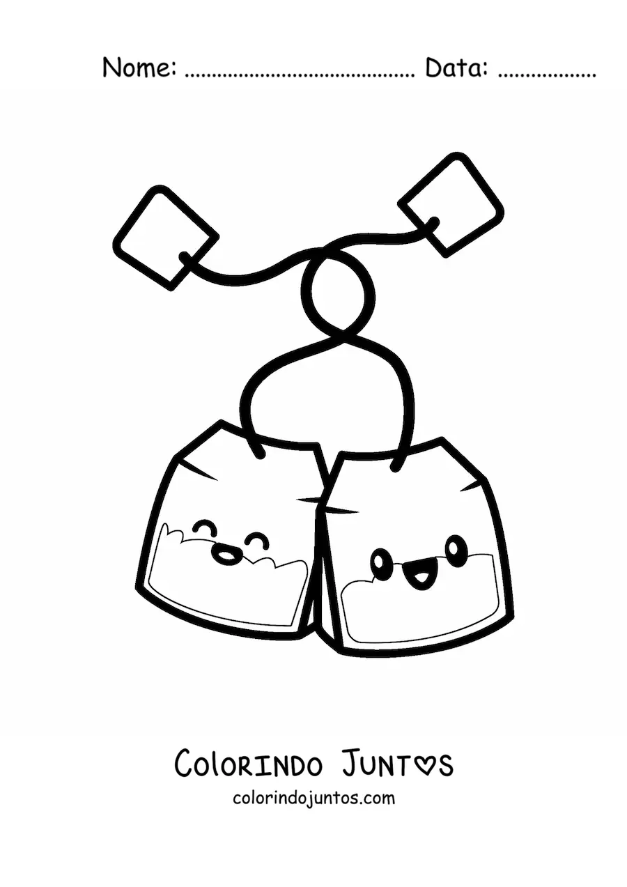 Desenho para colorir de casal de saquinhos de chá kawaii