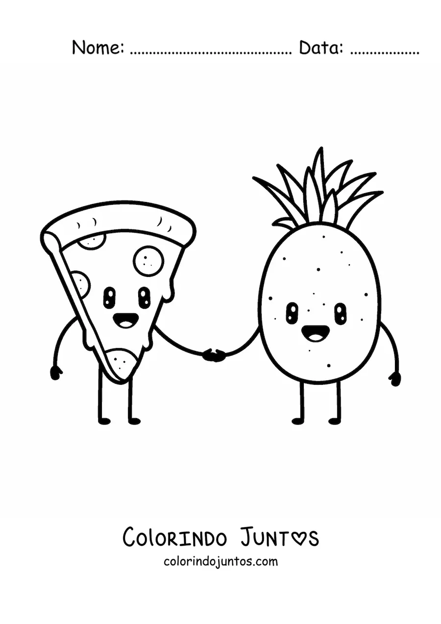 Desenho para colorir de casal de pizza e abacaxi kawaii