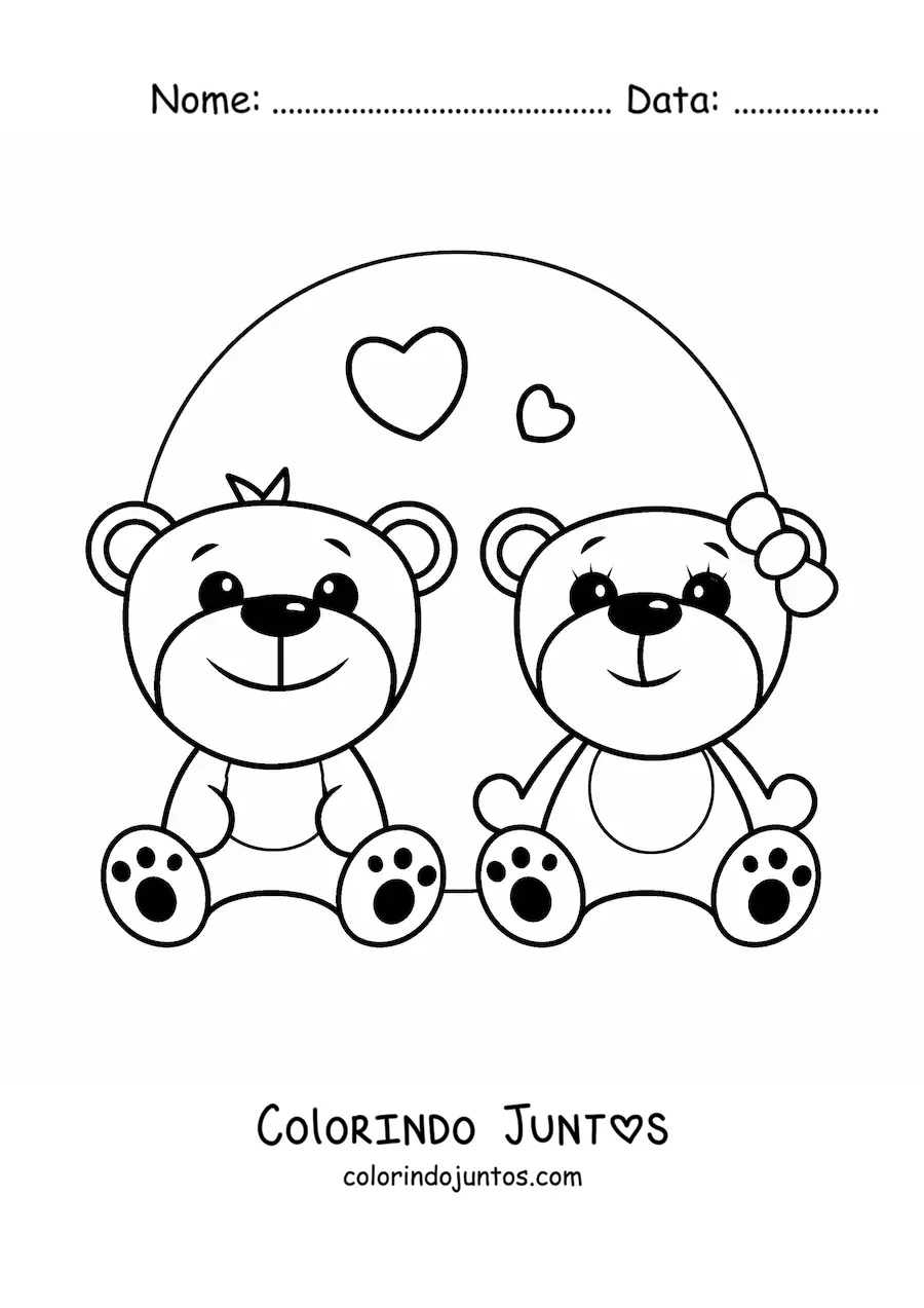 Desenho para colorir de casal de ursinhos kawaii com corações