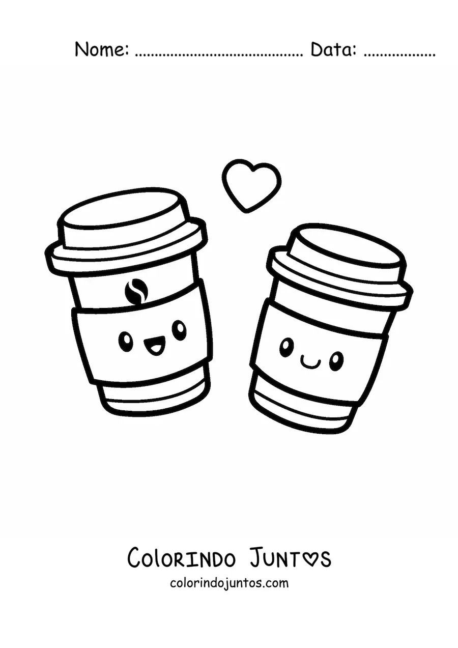 Desenho para colorir de casal de xícaras de café kawaii