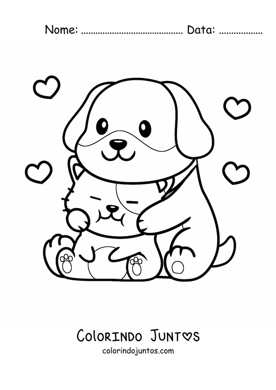 Desenho para colorir de cachorrinho e gatinho apaixonados