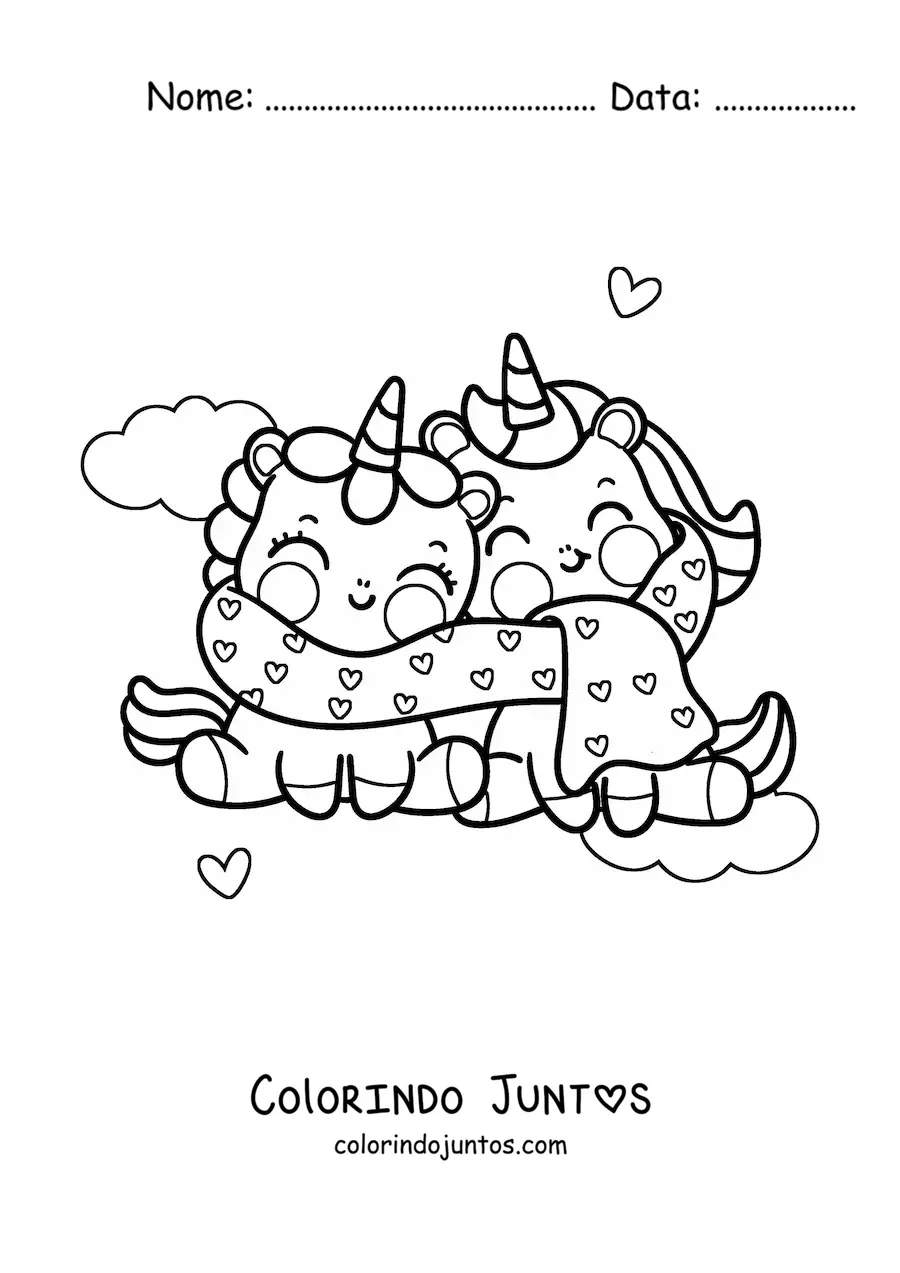 Desenho para colorir de unicórnios kawaii apaixonados