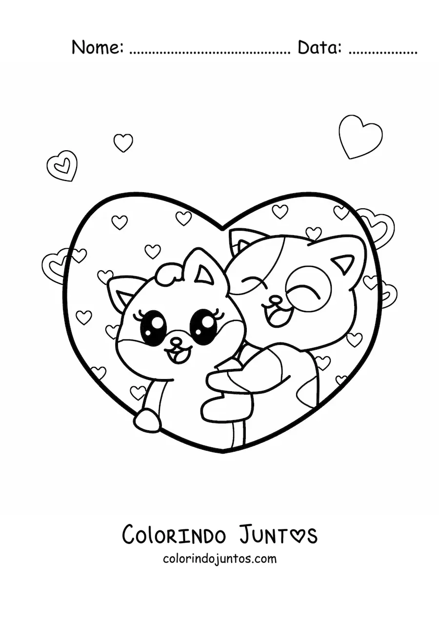 Desenho para colorir de gatos kawaii apaixonados