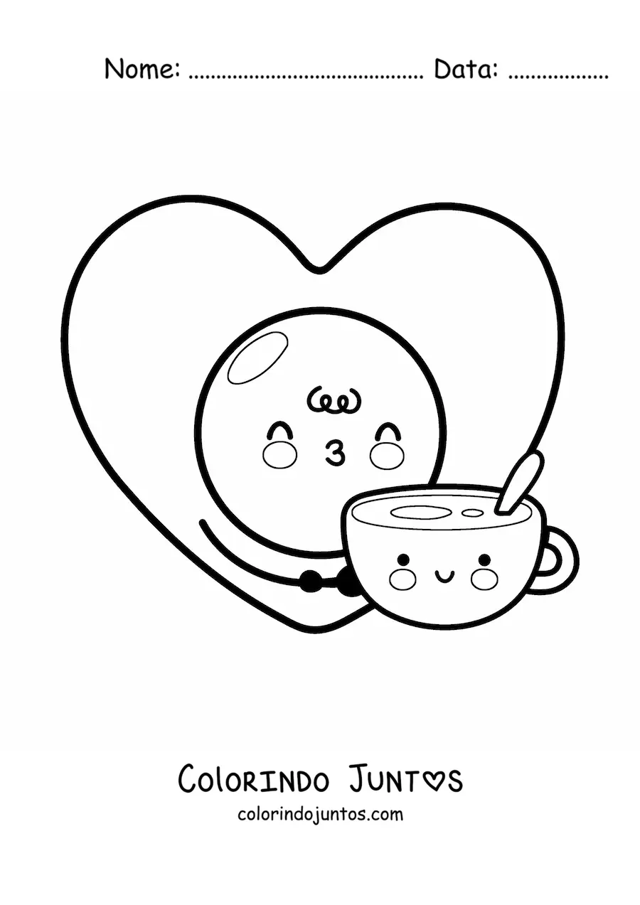 Desenho para colorir de ovo frito e xícara de café apaixonados