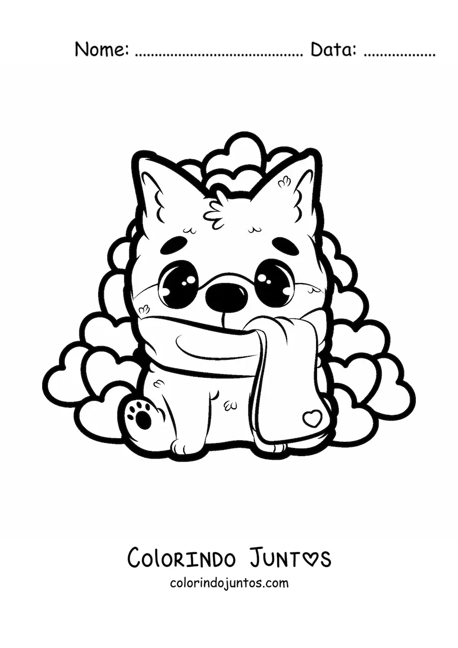 Desenho para colorir de cachorro kawaii sentado com corações