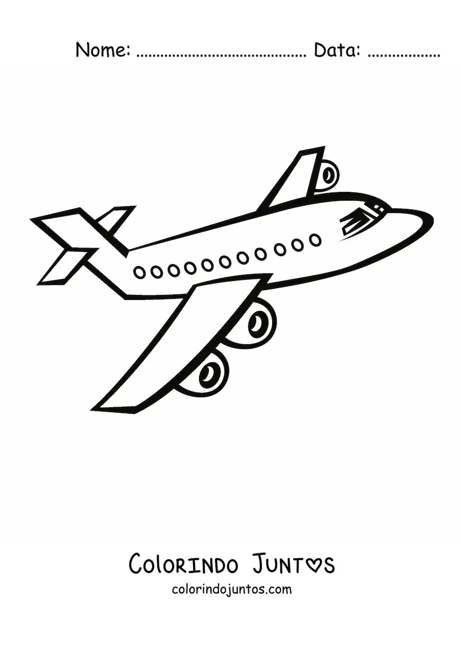 Desenho para colorir de um avião comercial voando de lado