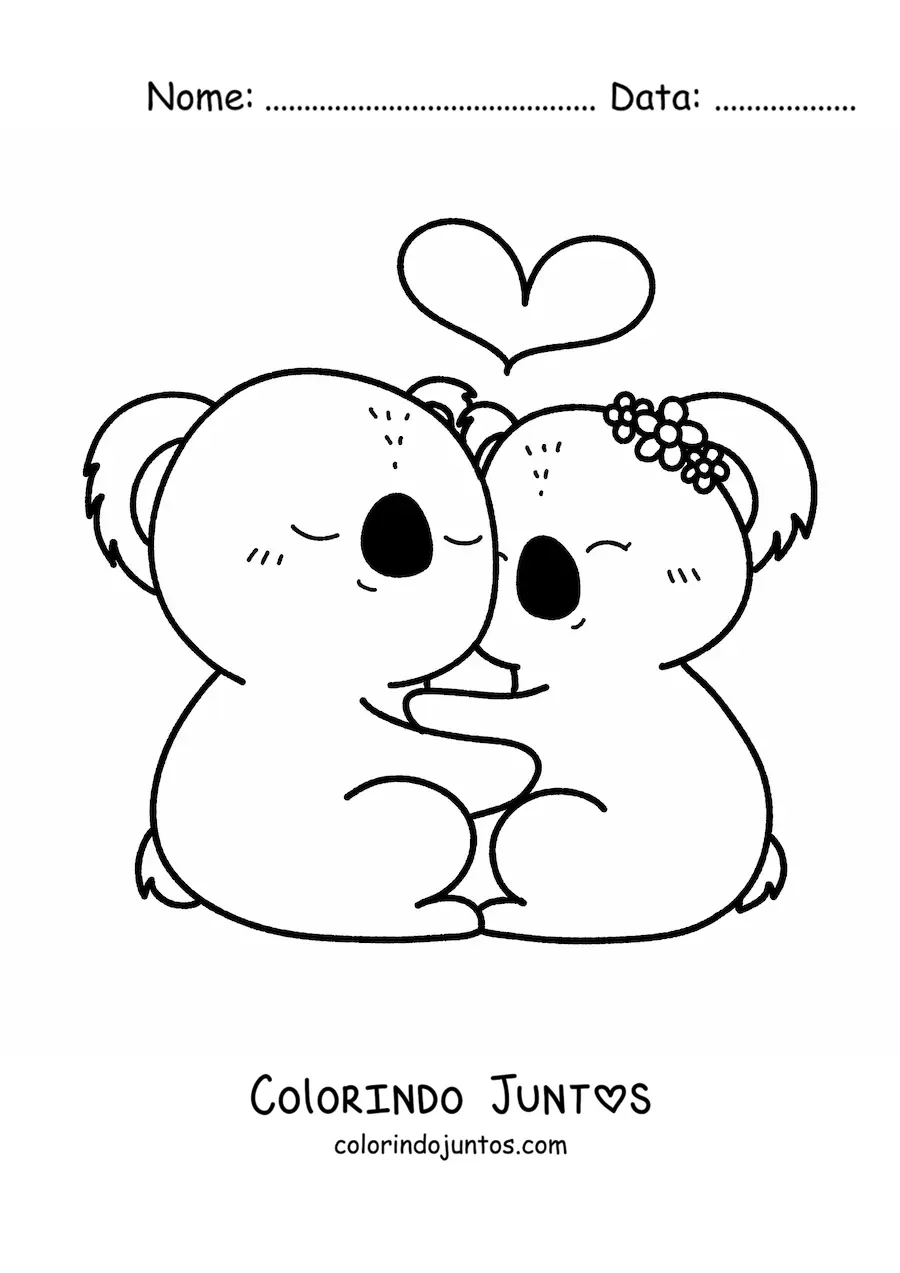 Desenho para colorir de casal de coalas kawaii