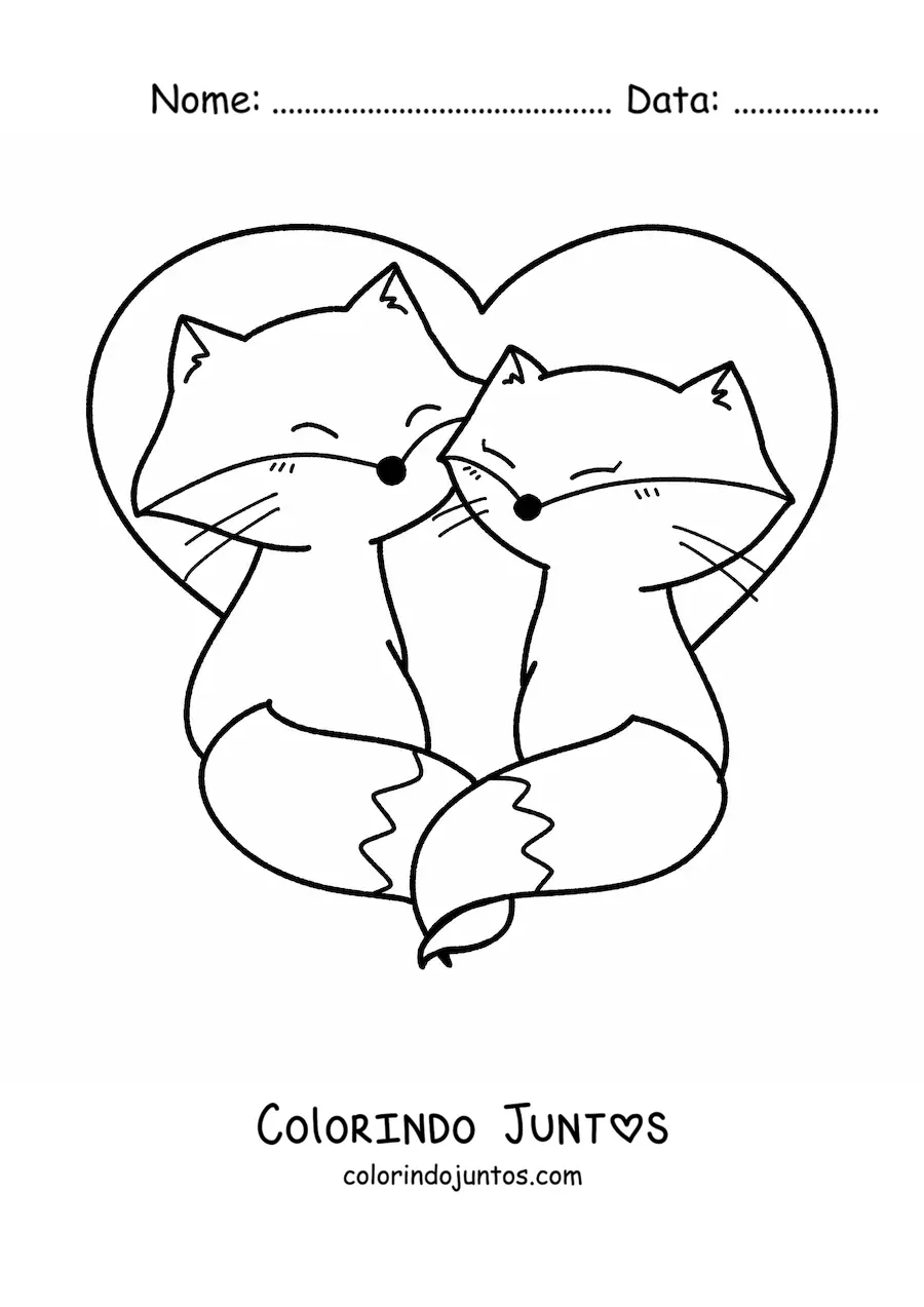 Desenho para colorir de casal de raposas kawaii
