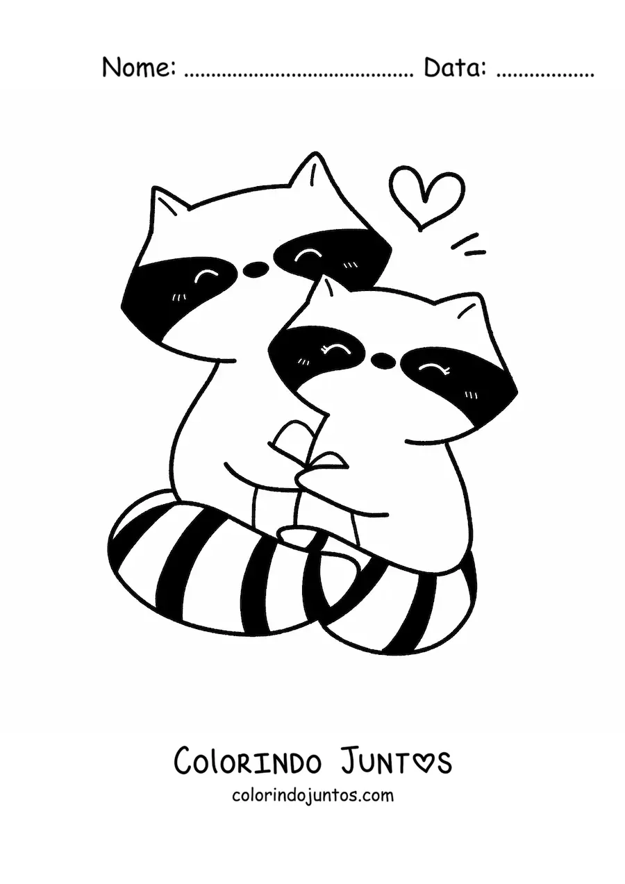 Desenho para colorir de casal de guaxinins kawaii