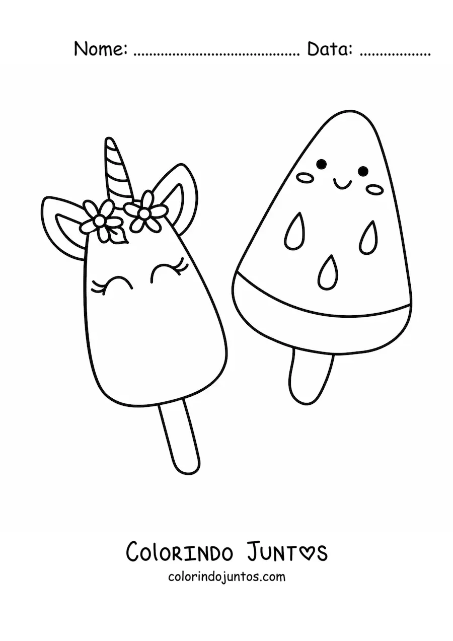 Desenho para colorir de picolé de unicórnio kawaii com picolé de melancia kawaii