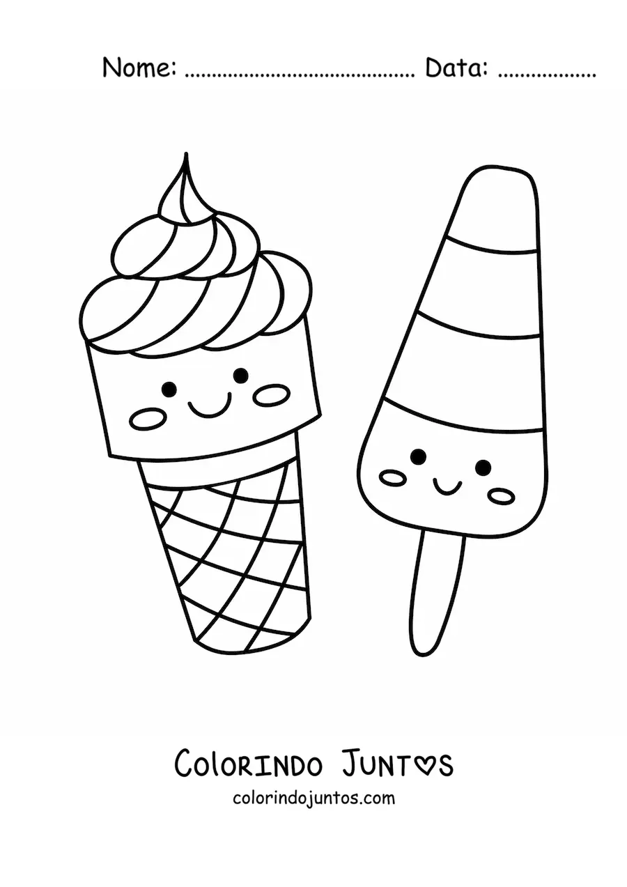 Desenho para colorir de casquinha kawaii e picolé kawaii