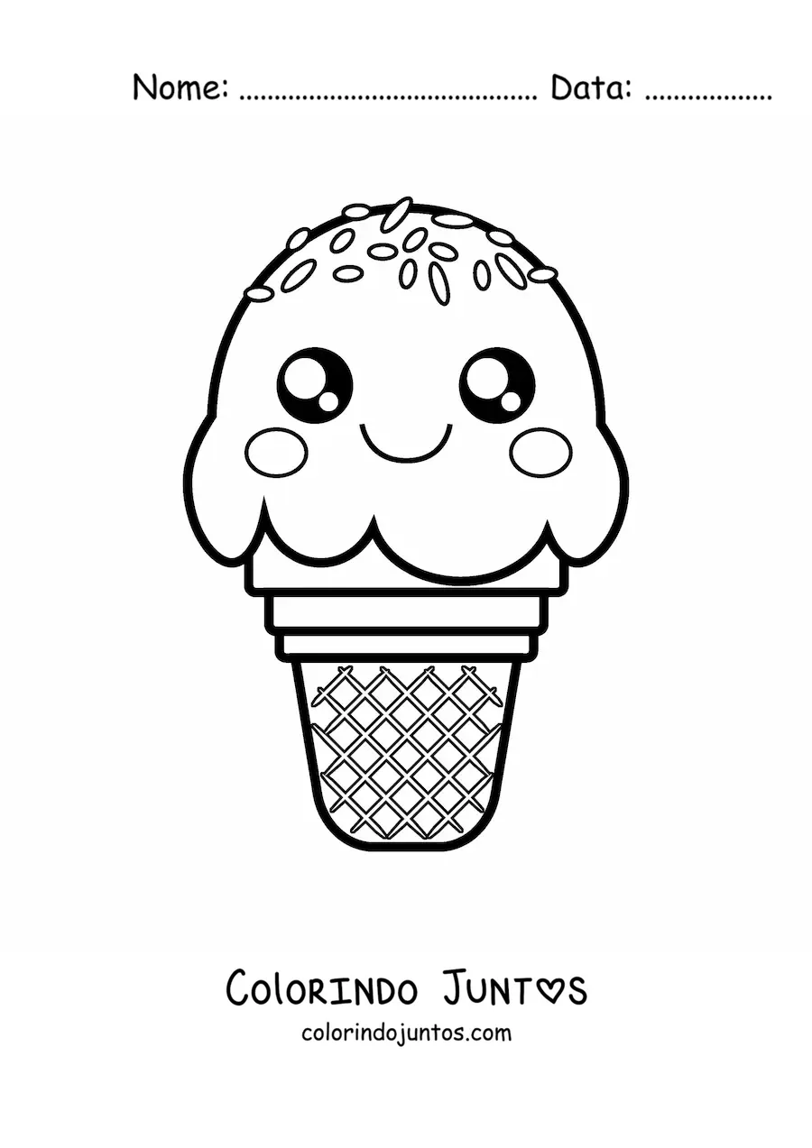 Desenho para colorir de casquinha kawaii com granulado colorido