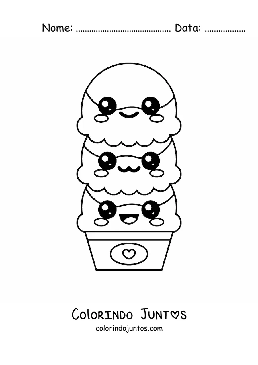 Desenho para colorir de sorvete de 3 bolas kawaii grande