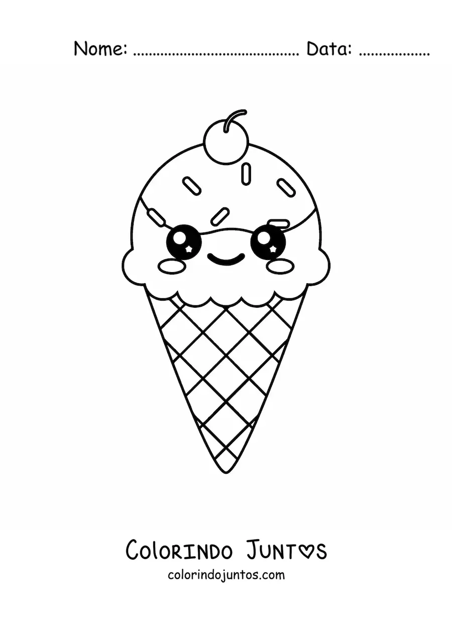 Desenho para colorir de casquinha de sorvete kawaii fácil