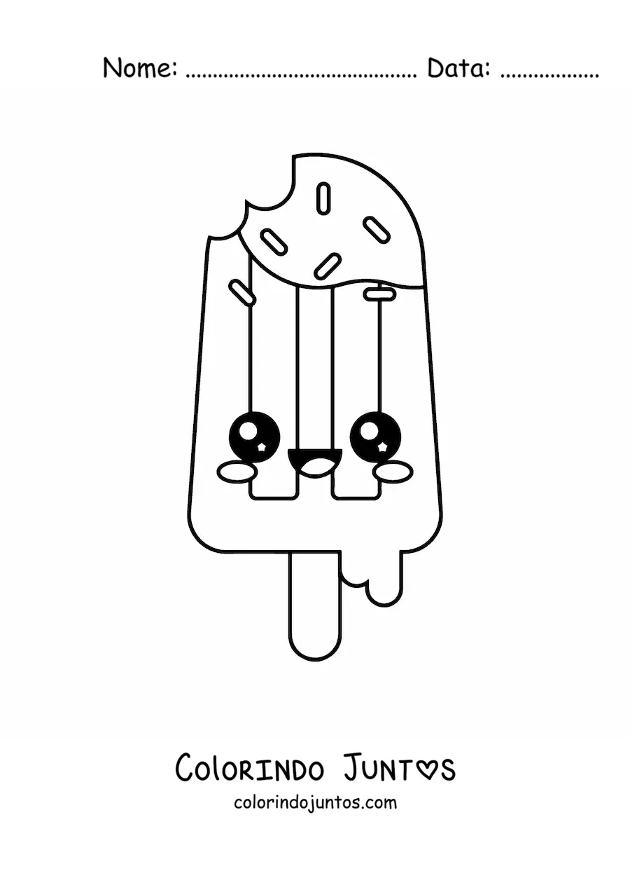 Desenho para colorir de picolé de sorvete kawaii mordido
