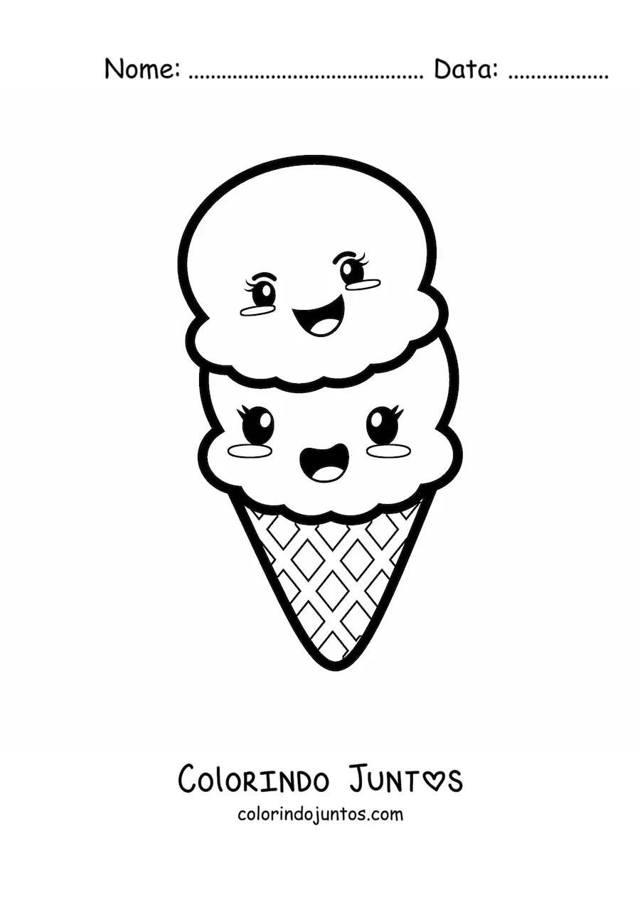 Desenho para colorir de casquinha de sorvete kawaii bonita