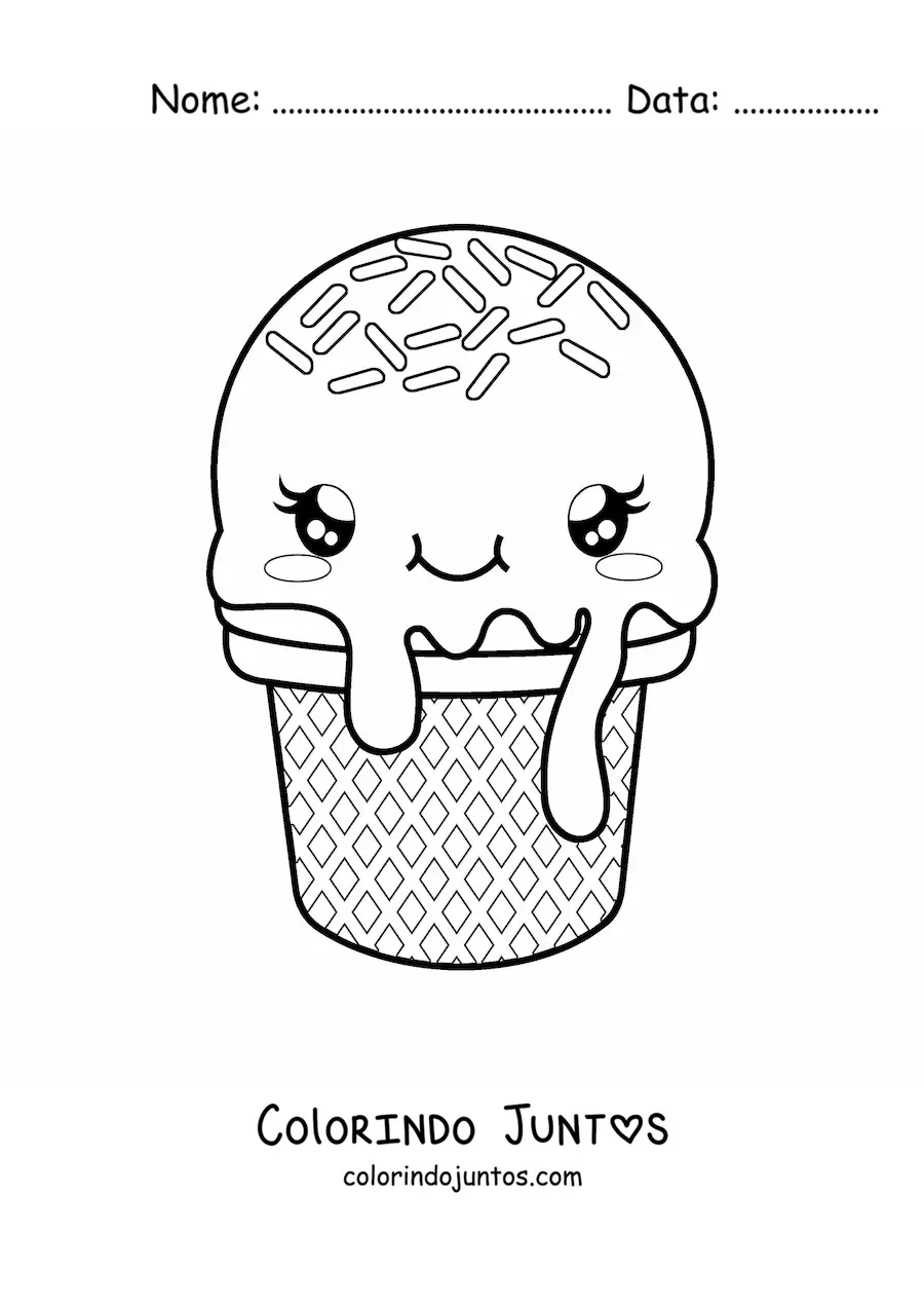 Desenho para colorir de casquinha de sorvete kawaii fofa e animada