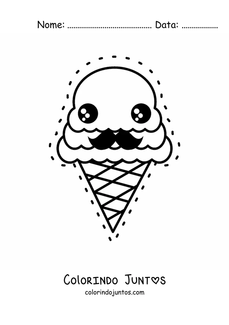 Desenho para colorir de casquinha de sorvete kawaii fofa com bigode