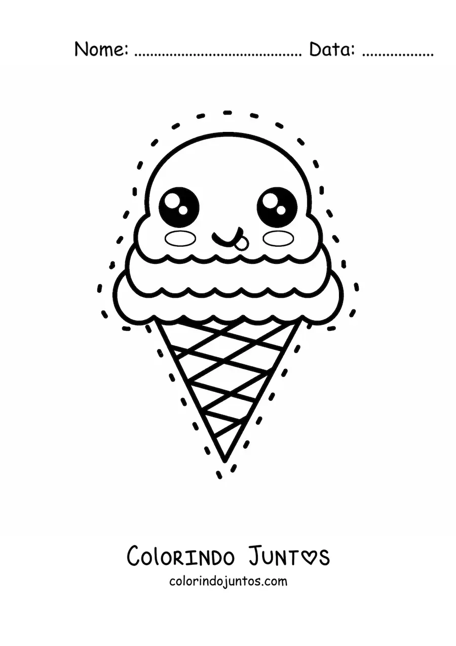 Desenho para colorir de casquinha de sorvete kawaii fofa e grande