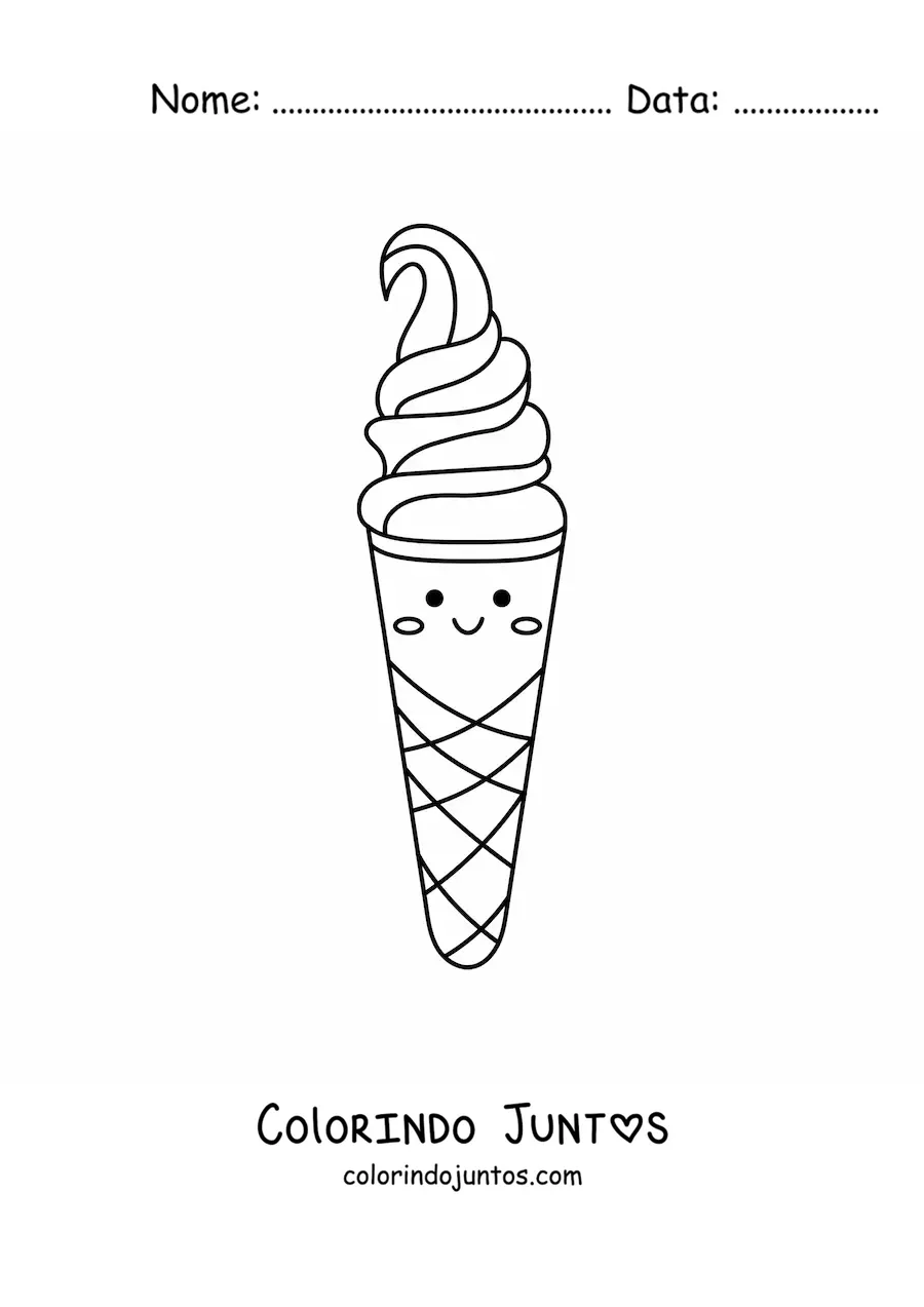 Desenho para colorir de sorvete de casquinha kawaii fácil