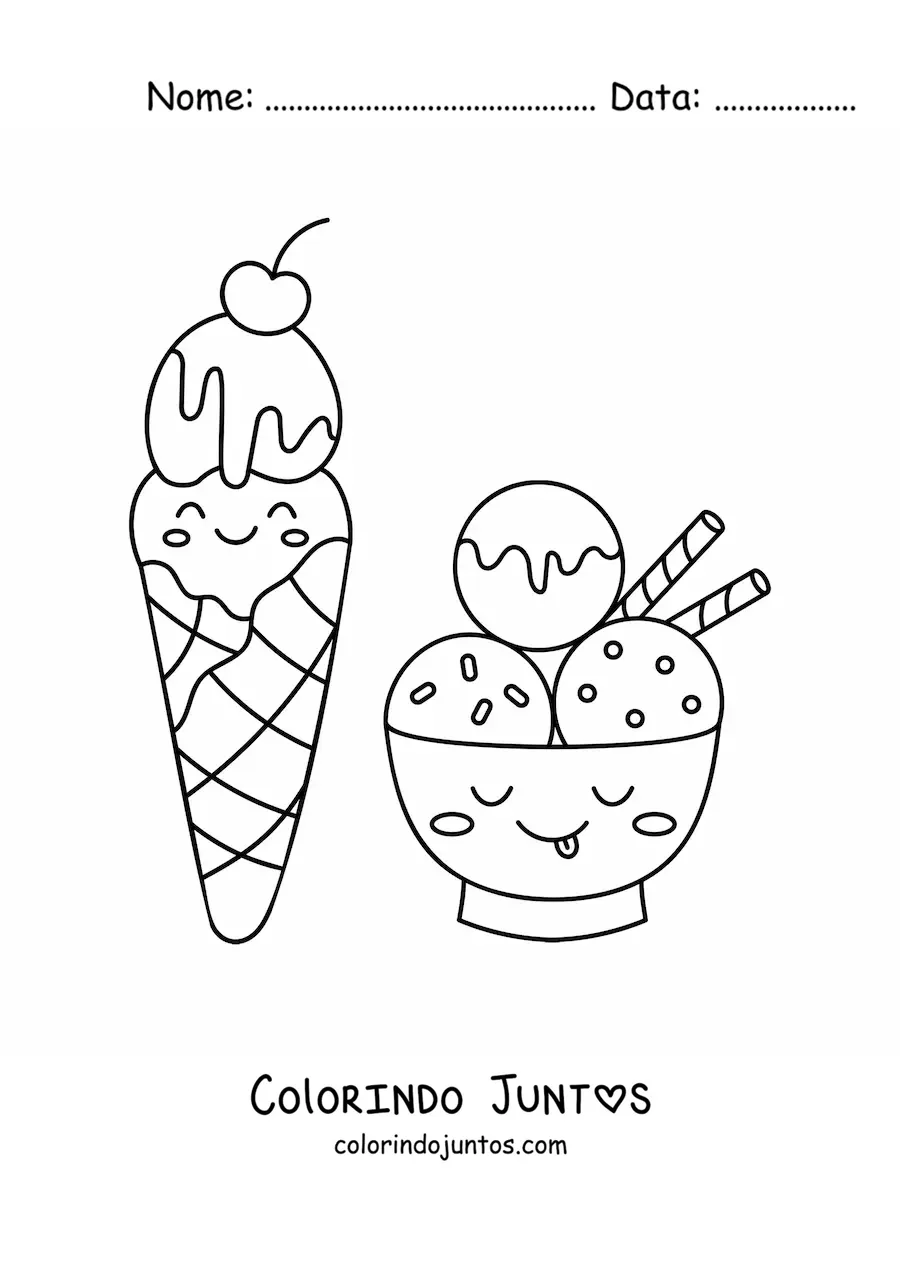 Desenho para colorir de sorvete de casquinha ao lado de uma taça de sorvete kawaii