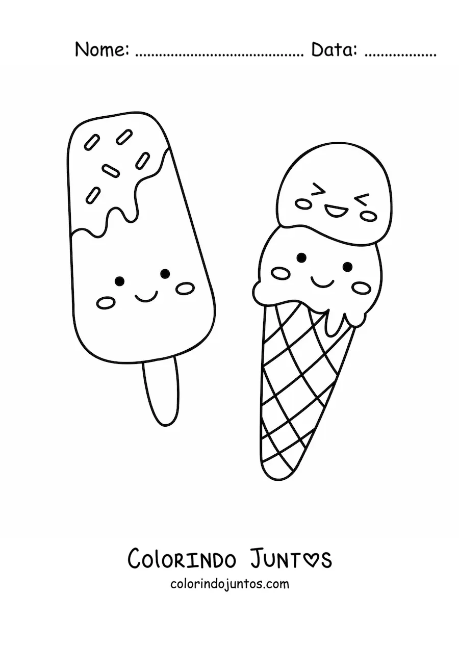 Desenho para colorir de picolé e casquinha kawaii de duas porções