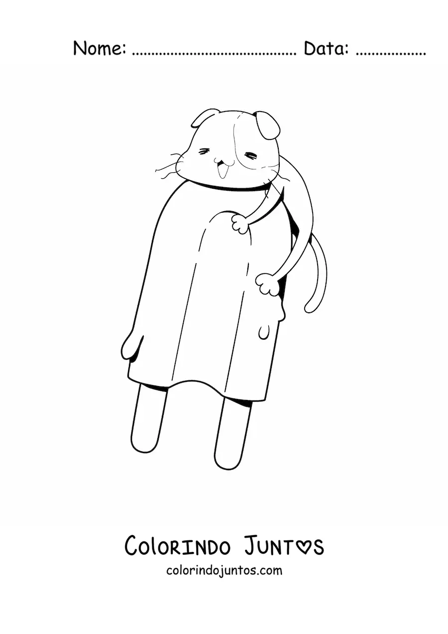 Desenho para colorir de gatinho animado sobre um picolé kawaii derretendo