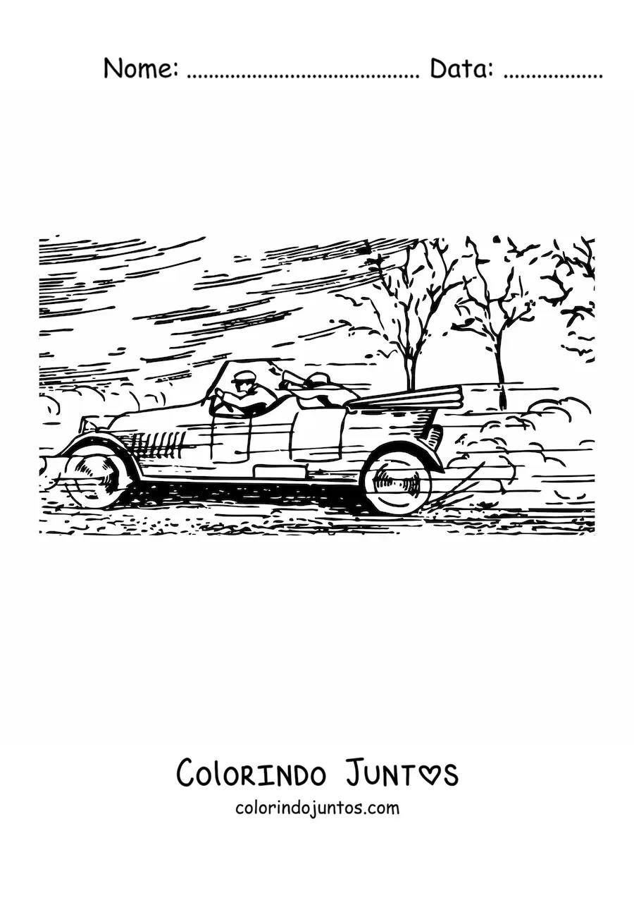 Desenho para colorir de um carro em alta velocidade com árvores ao fundo