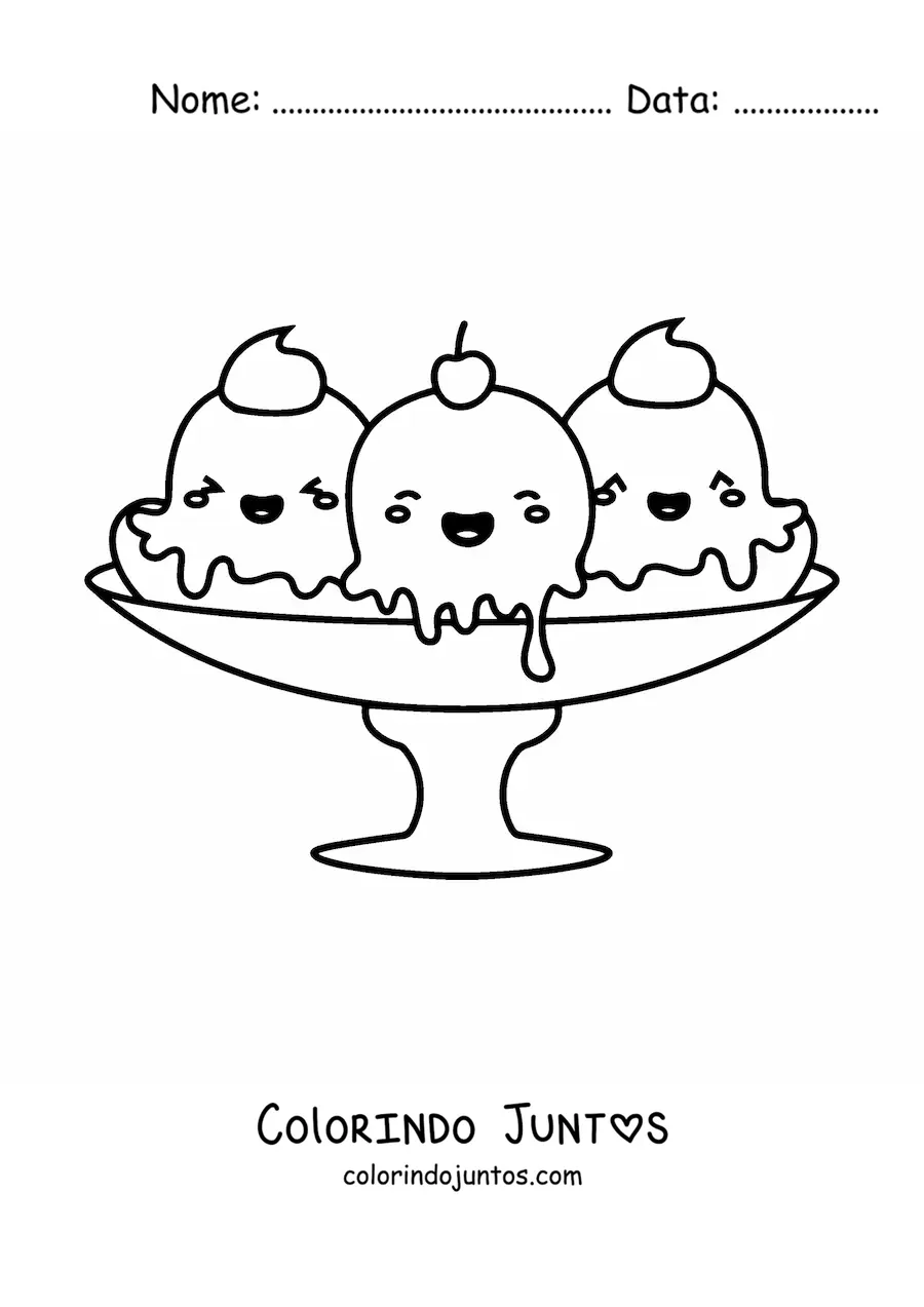 Desenho para colorir de taça com sorvete banana split kawaii