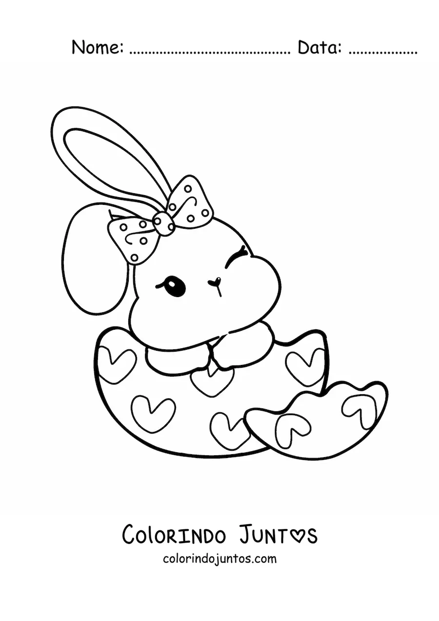 Desenho para colorir de coelho da Páscoa kawaii dentro de um ovo