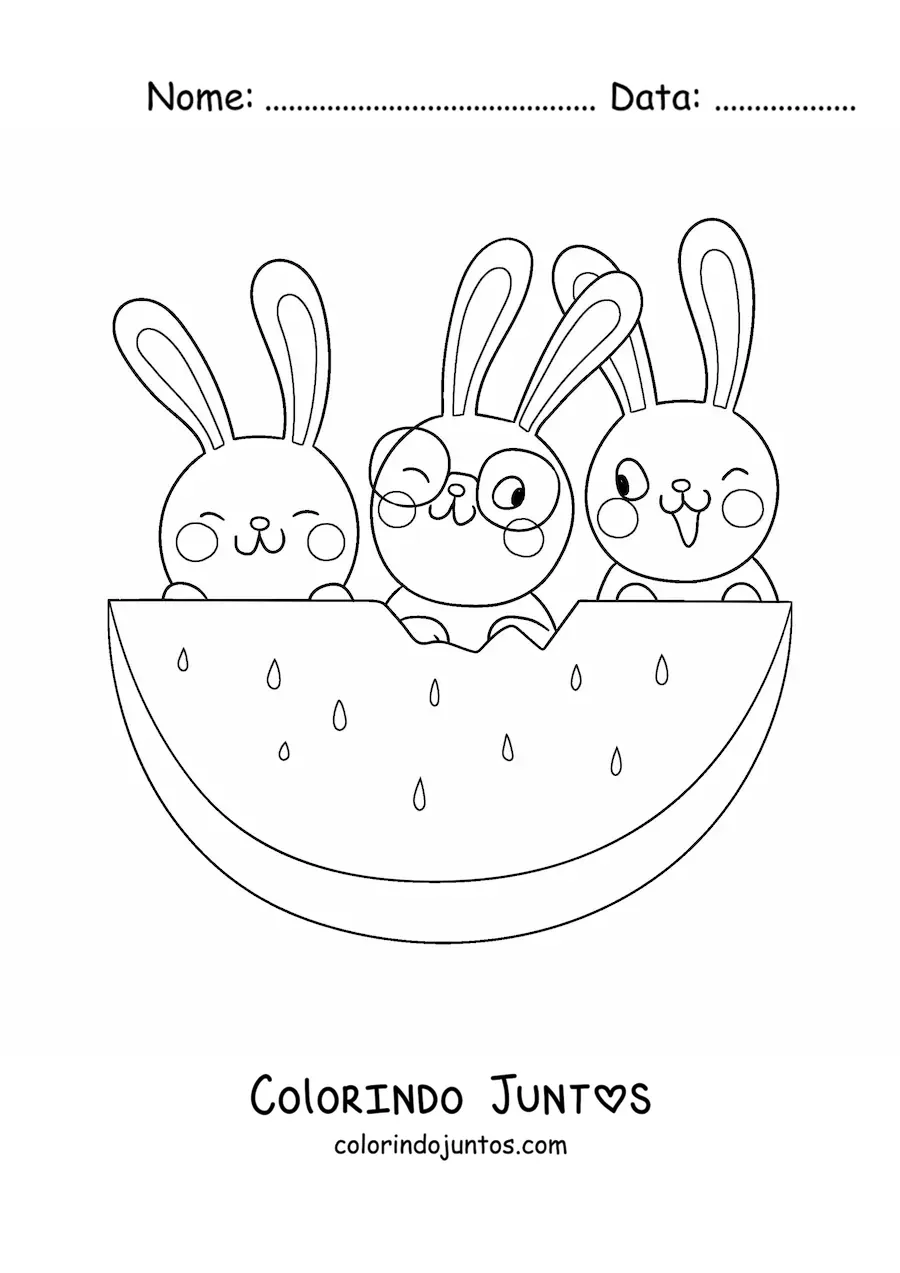 Desenho para colorir de 3 coelhos kawaii animados comendo melancia