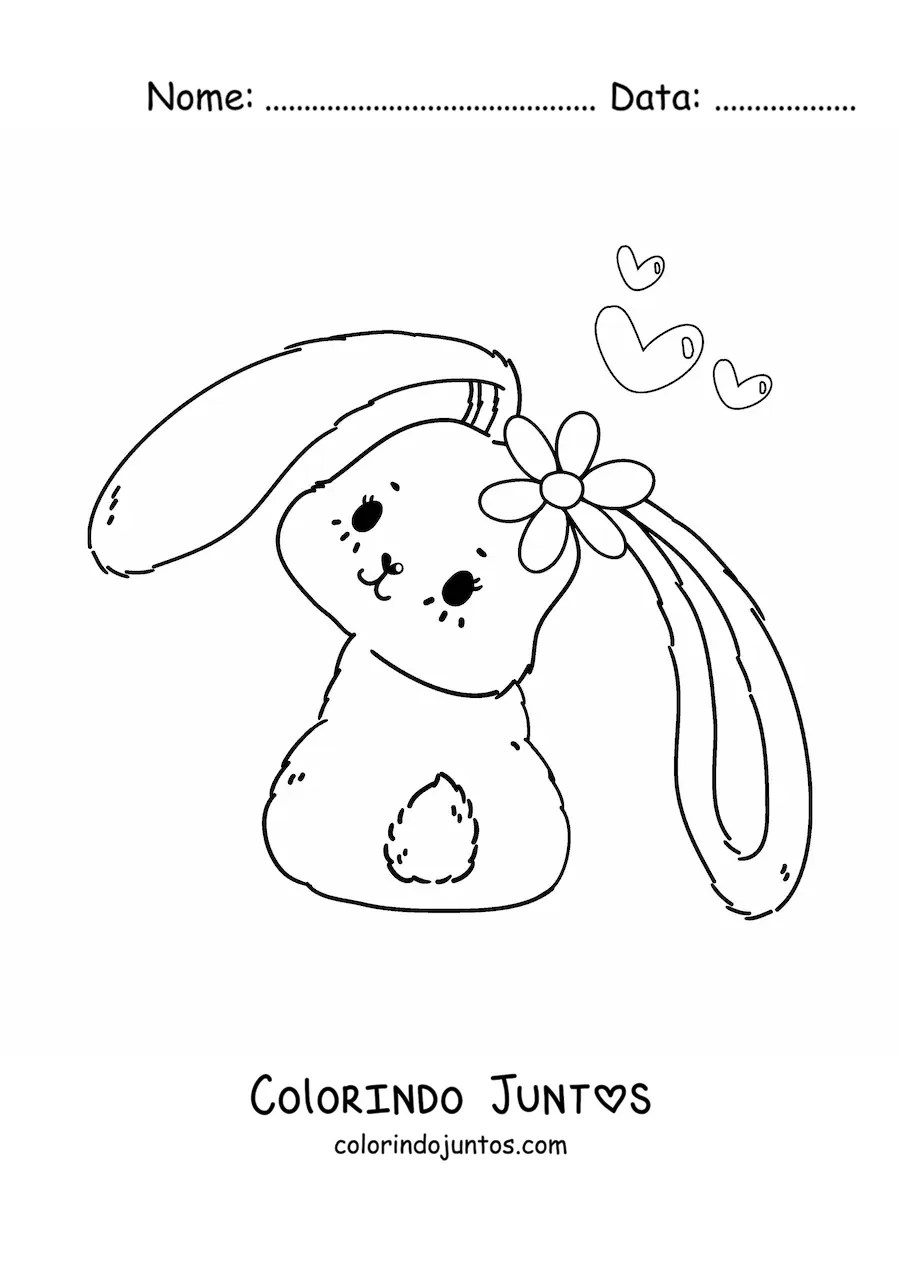 Desenho para colorir de coelhinho fofo kawaii com uma flor e corações