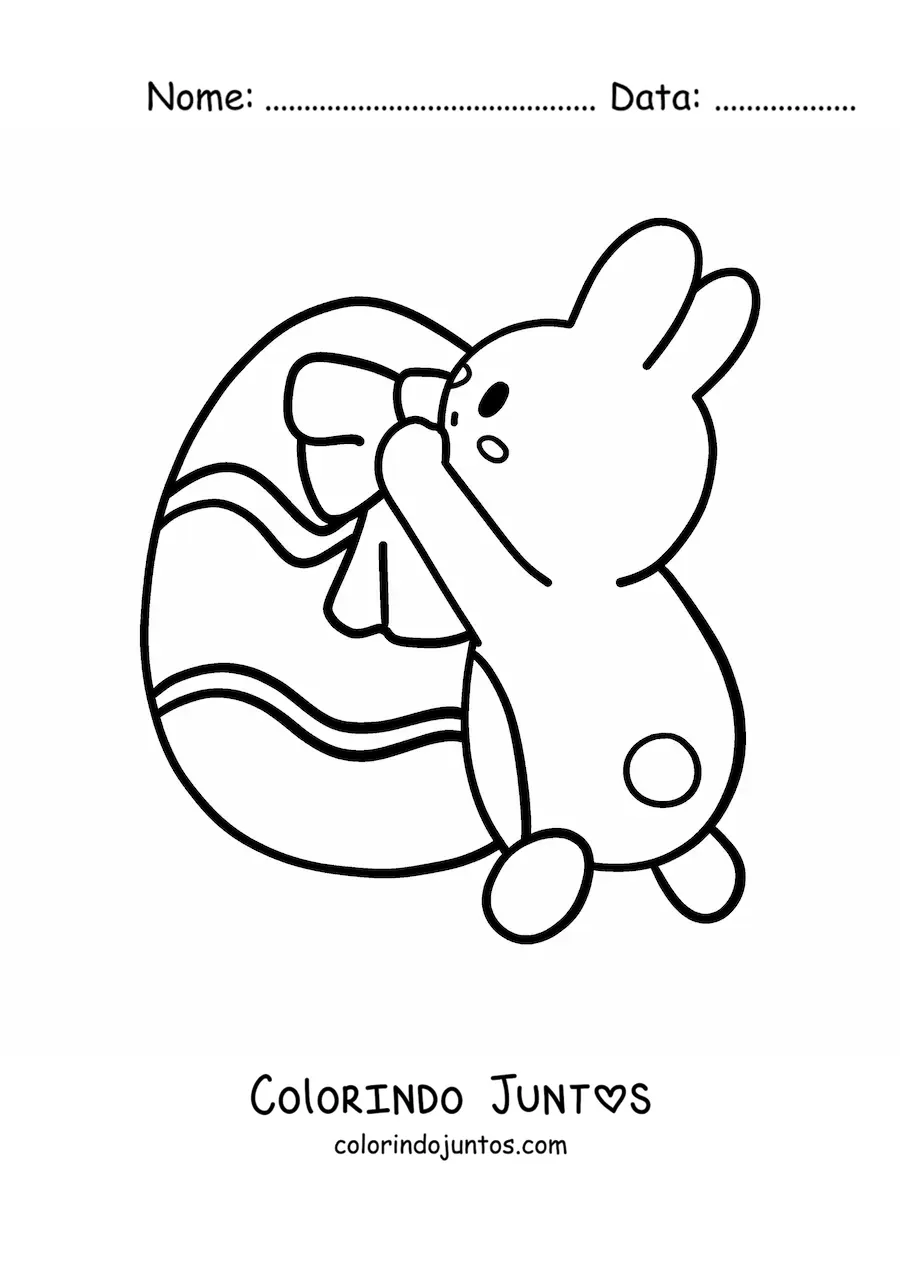 Desenho para colorir de coelhinho da Páscoa kawaii decorando um ovo