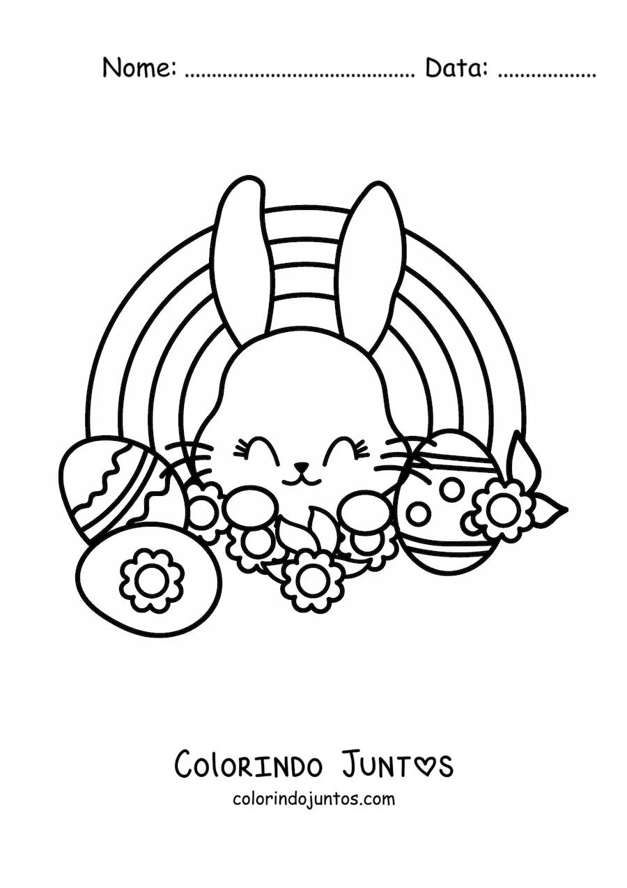 Desenho para colorir de coelhinho kawaii com ovos de Páscoa e um arco-íris