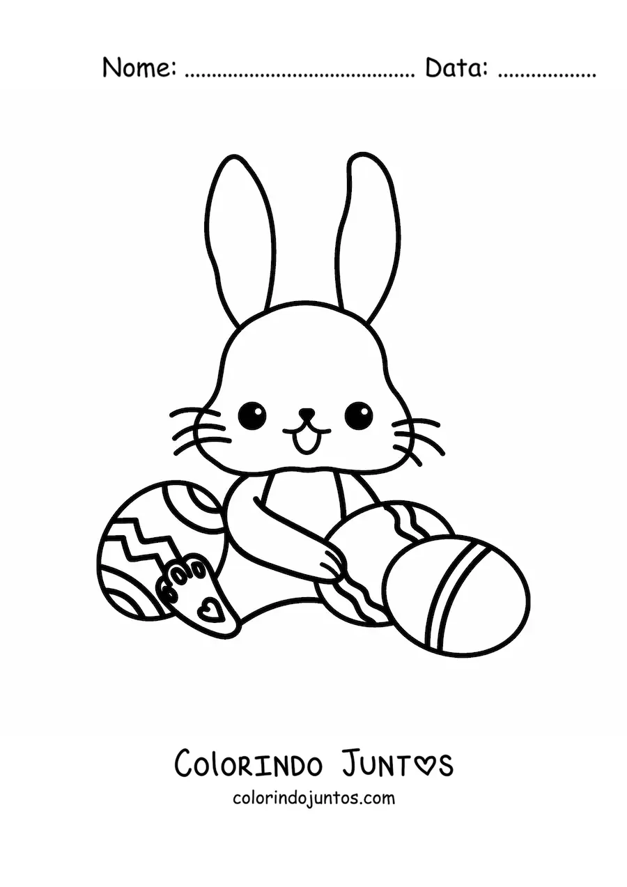 Desenho para colorir de coelhinho kawaii sentado com ovos de Páscoa