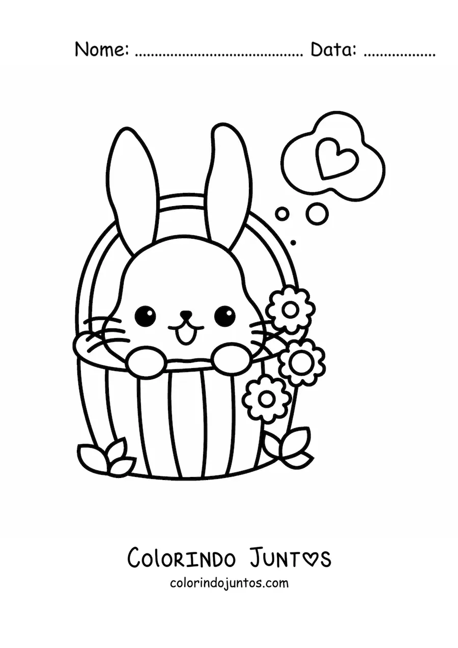 Desenho para colorir de coelhinho kawaii em uma cesta de flores