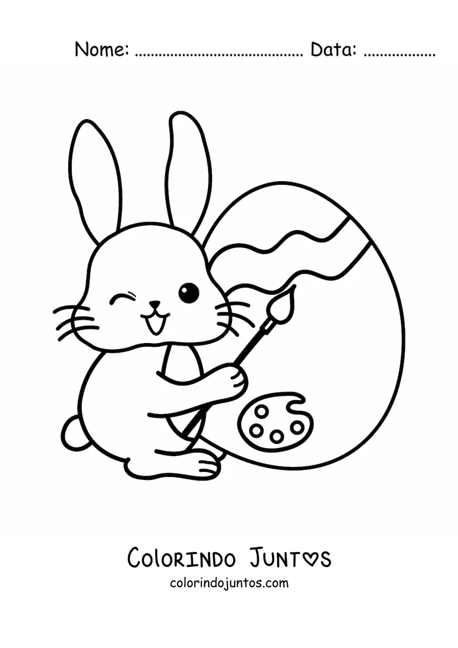 Desenho para colorir de coelhinho kawaii pintando um ovo de Páscoa