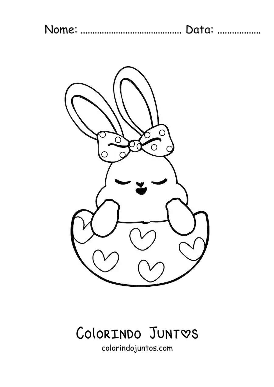 Desenho para colorir de coelhinha fofa com laço em um ovo de Páscoa