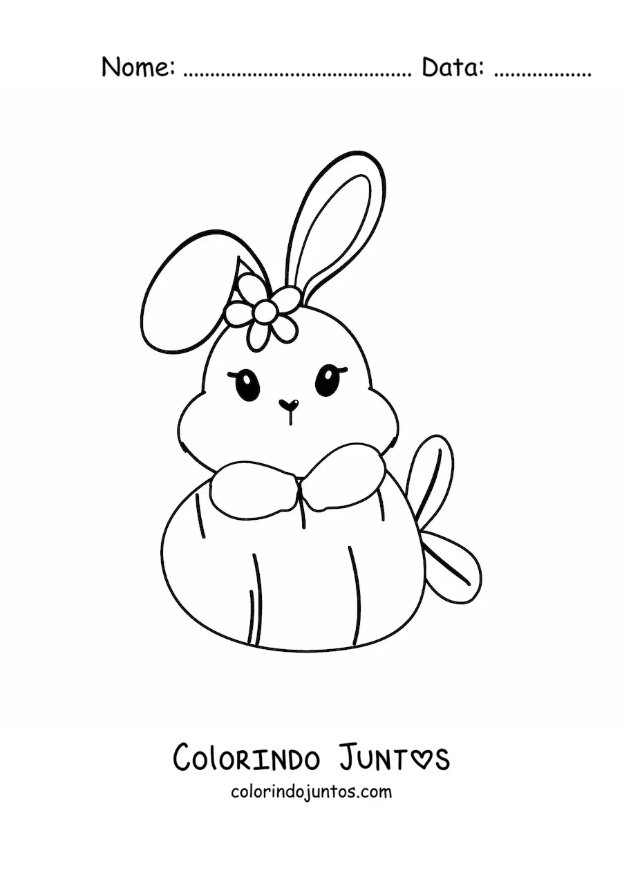 Desenho para colorir de coelhinha kawaii com uma cenoura gigante